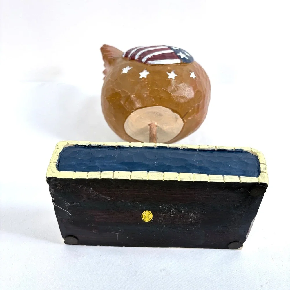 Carved Wood Rooster Figurine Brown Americana Old Glory‎ Patriotic Stars Stripes